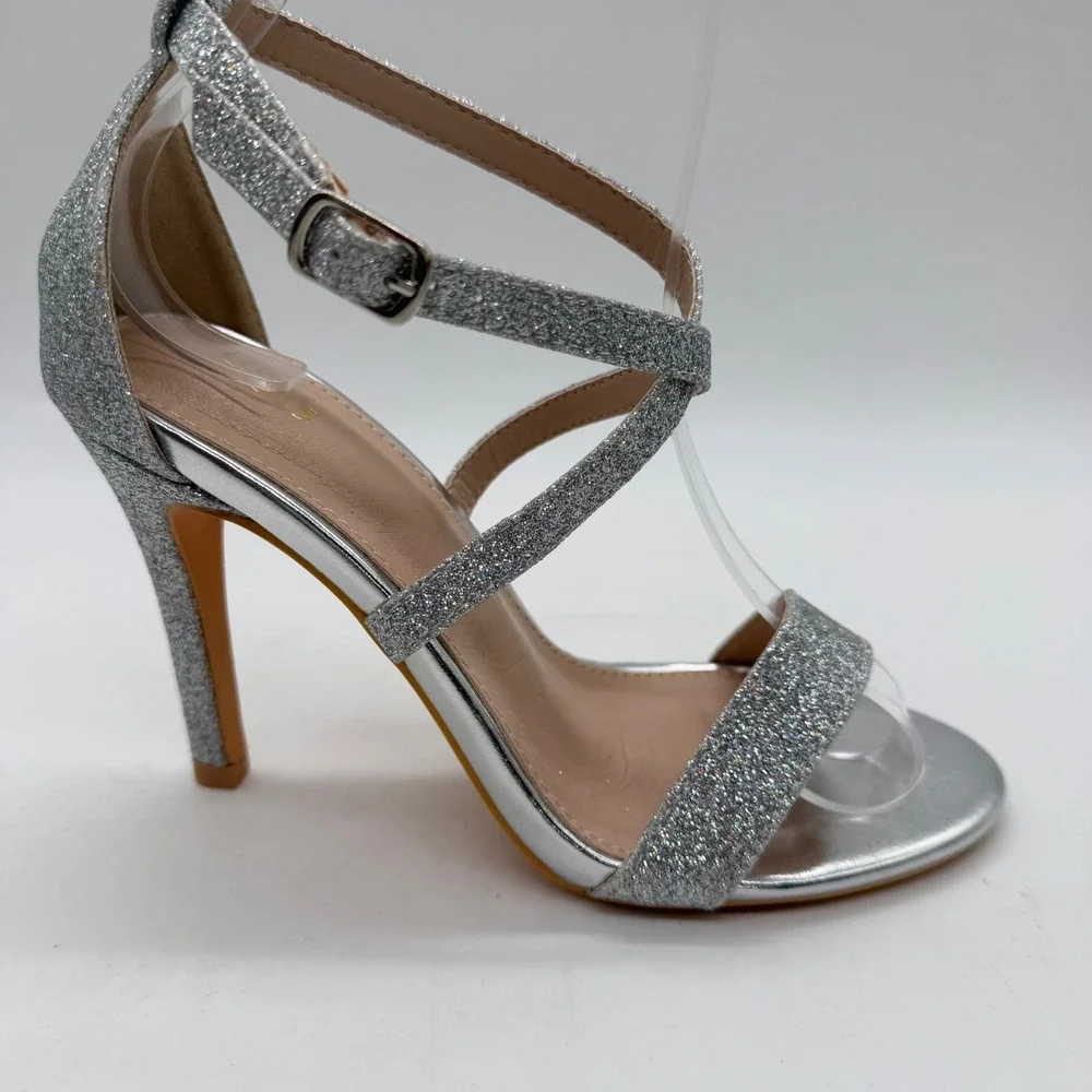 Women Silver Glitter Strappy Stiletto Sandals Open Toe Ankle Strap Size 5